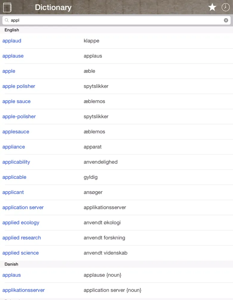 Screenshot di Danish English Dictionary