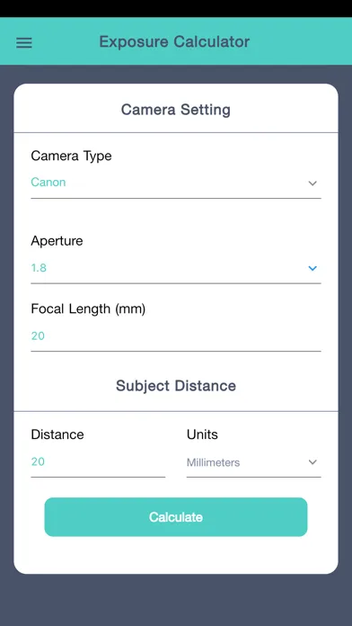 Tangkapan layar Cam Exposure Calculator