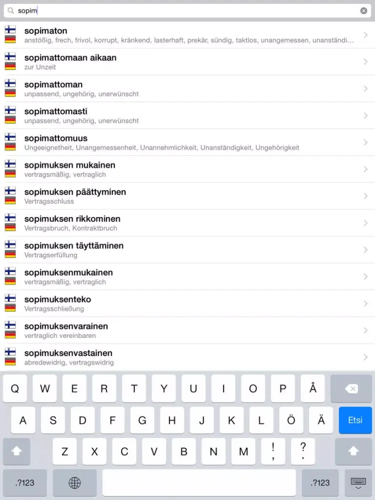 Ảnh chụp màn hình của Suomi - saksa - suomi sanakirja iPad 