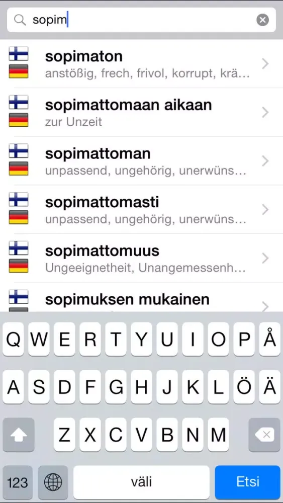 Ảnh chụp màn hình của Suomi - saksa - suomi sanakirja
