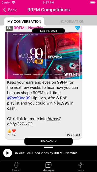 Capturas de tela do 99FM