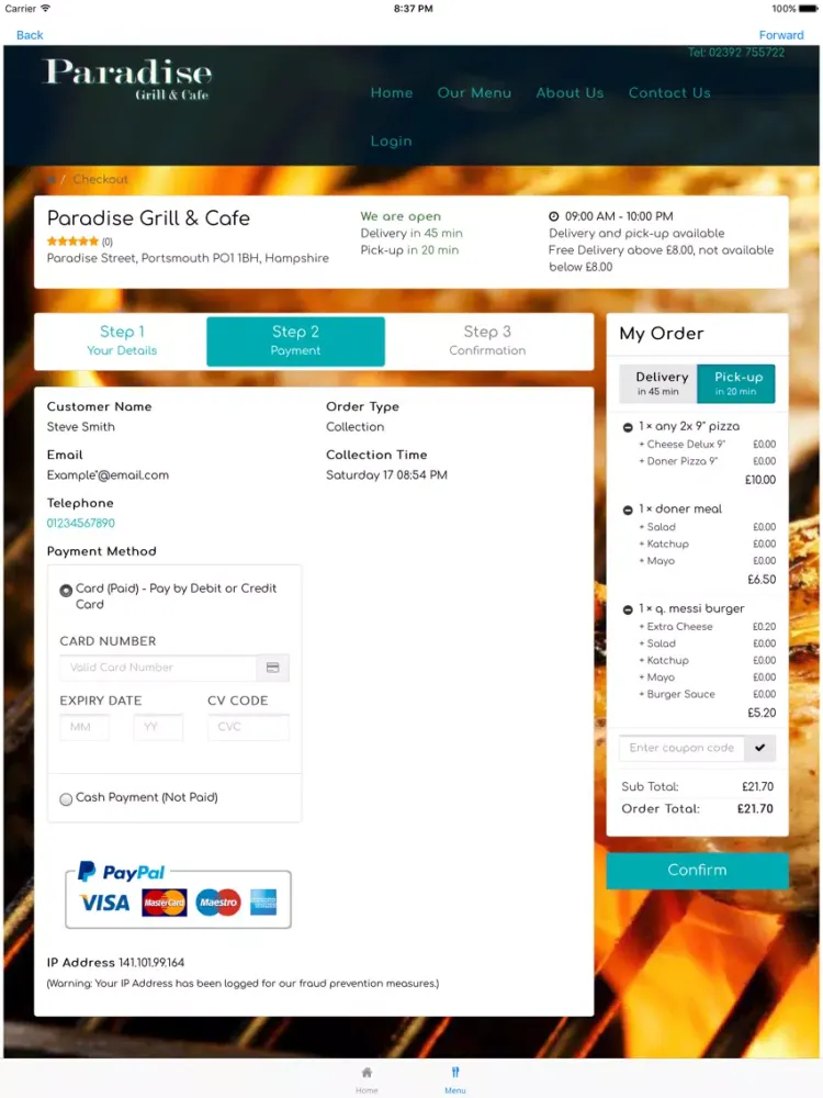 Paradise Grill and Cafe iPad  Screenshots