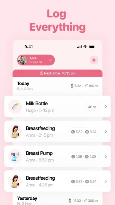 Capturas de tela do Baby Feeding Tracker App