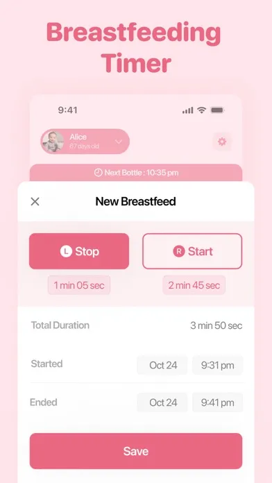 Capturas de tela do Baby Feeding Tracker App