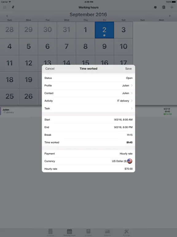 Tangkapan layar Timesheet, my hours iPad 