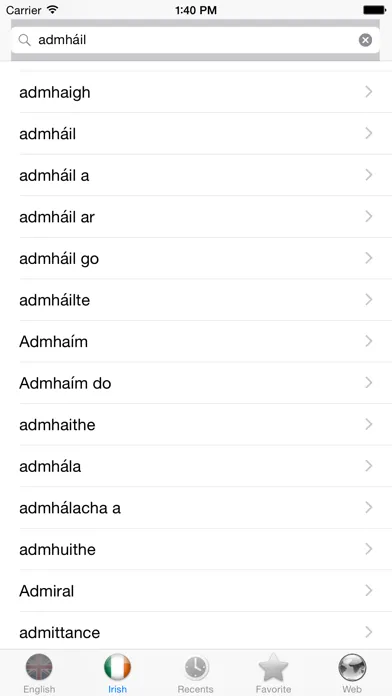 Tangkapan skrin English Irish best dictionary - Béarla Gaeilge Foclóir fearr
