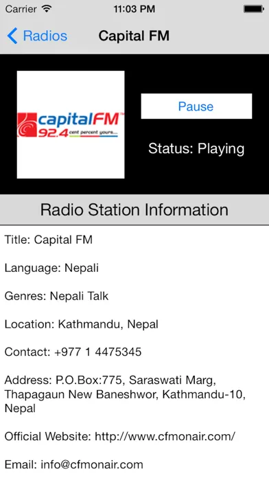 Ảnh chụp màn hình của Nepal Radio Live Player (Kathmandu / Nepali / Devanagari)