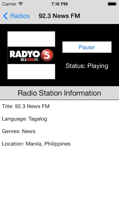 Tangkapan skrin Philippines Radio Live Player (Manila / Filipino / Pilipino / Tagalog / Pinoy / Pilipinas radyo)