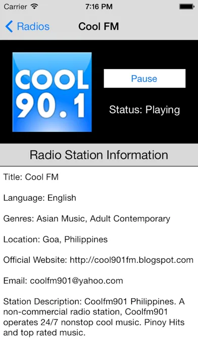 Tangkapan skrin Philippines Radio Live Player (Manila / Filipino / Pilipino / Tagalog / Pinoy / Pilipinas radyo)
