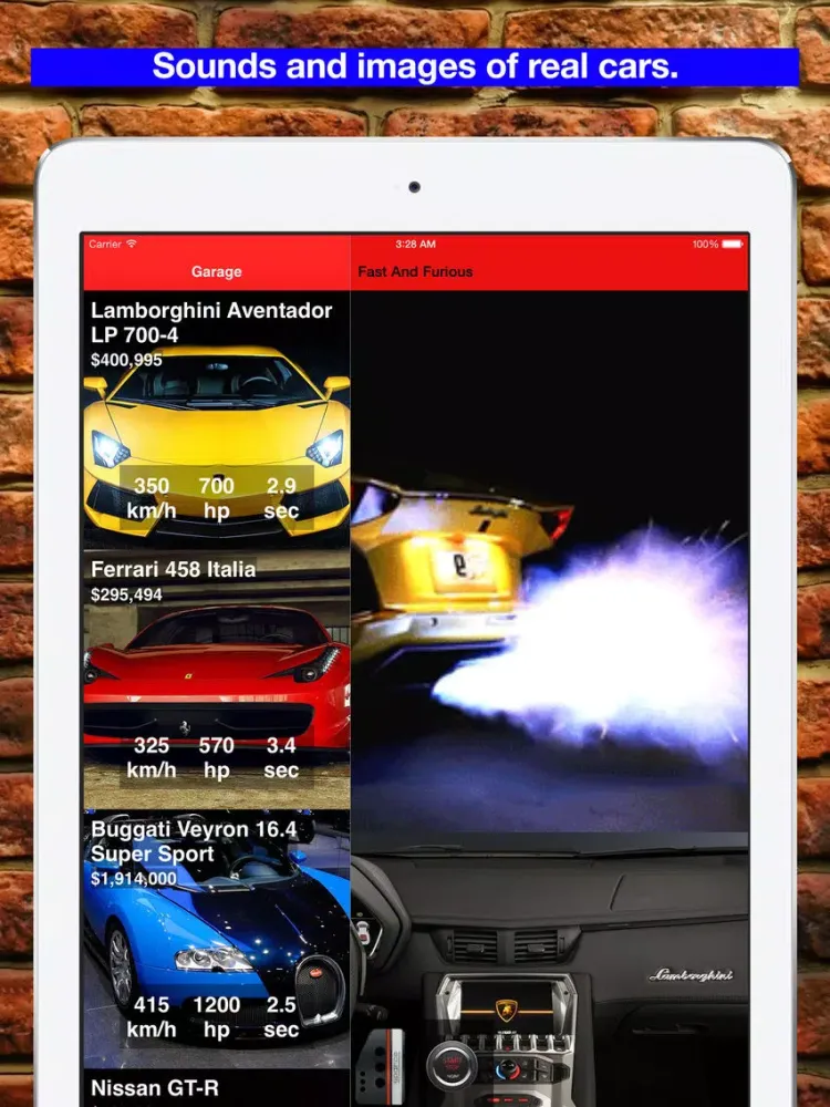 Garage: simulator exhaust sounds sports car. iPad  Screenshots