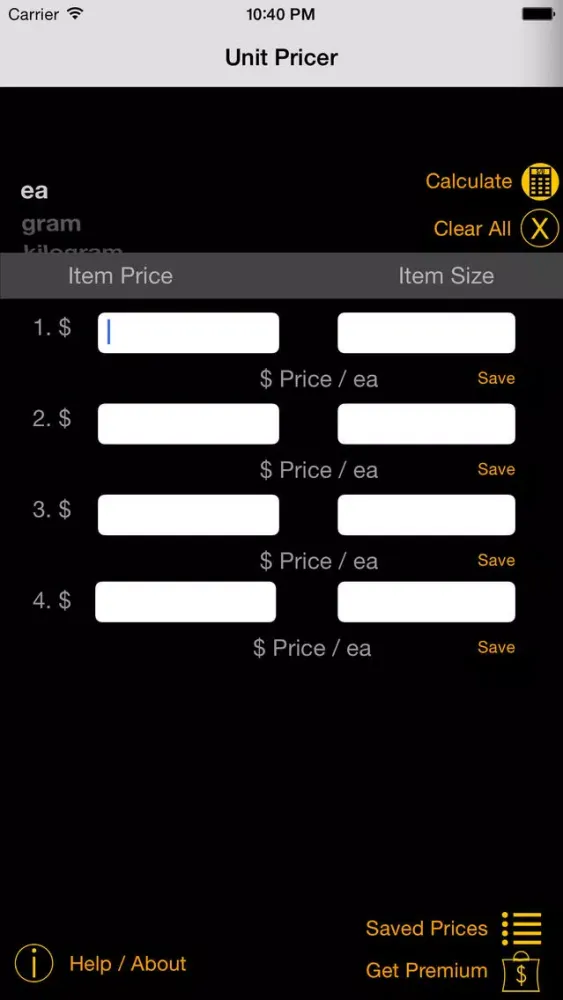 Tangkapan skrin Unit Pricer
