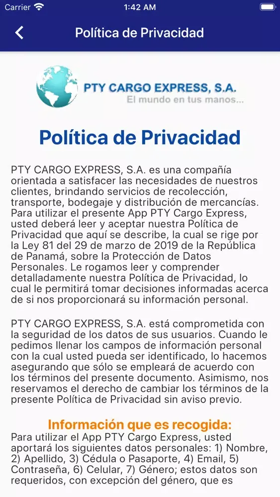 Скриншоты PTY Cargo Express App