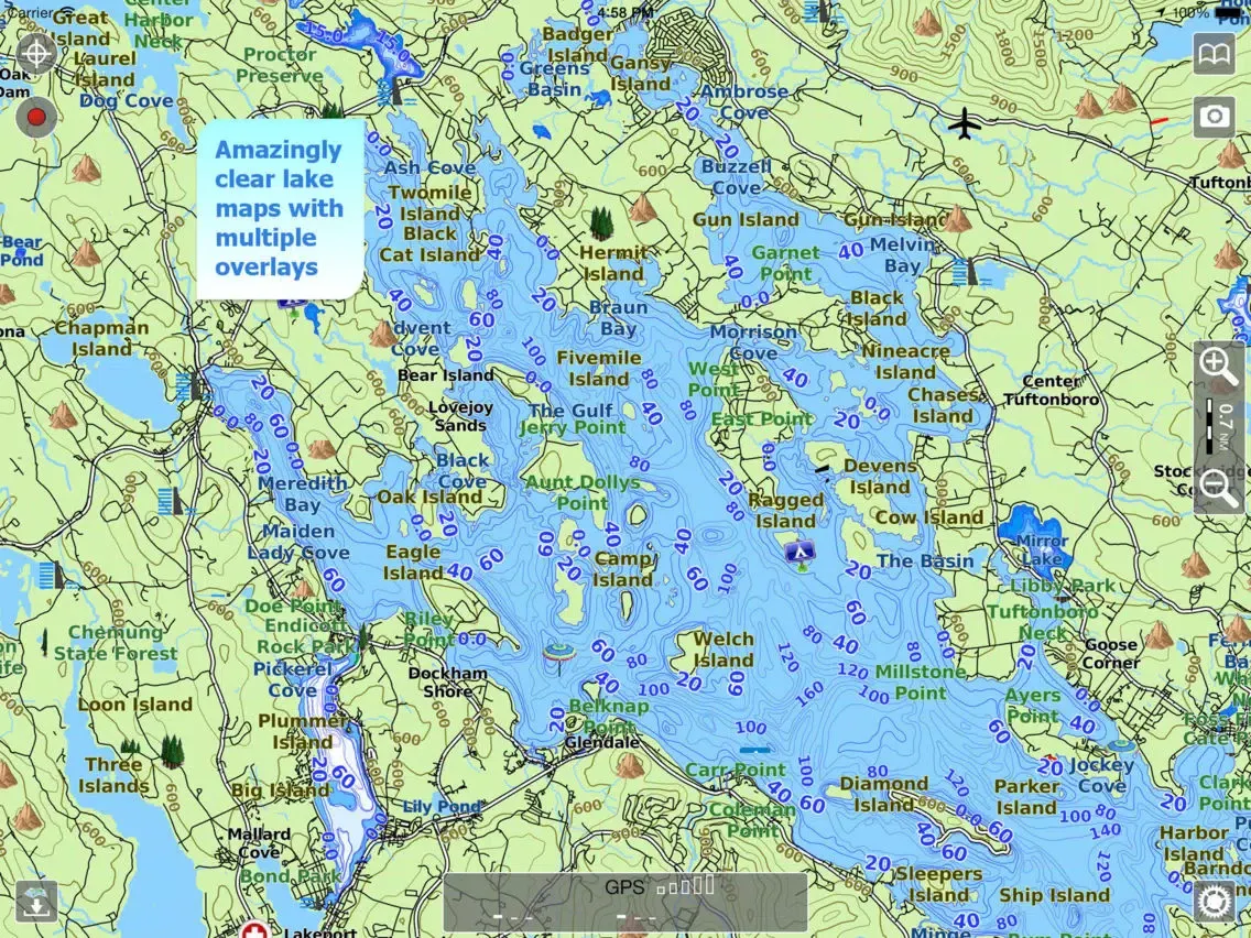 Tangkapan skrin Aqua Map New Hampshire Lakes + iPad 