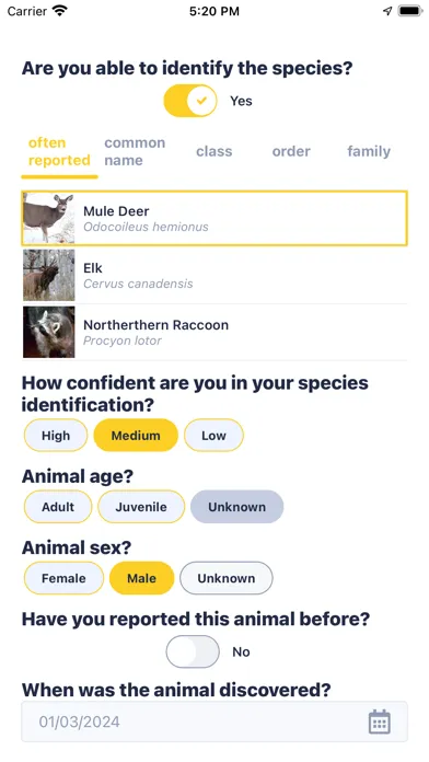 Ảnh chụp màn hình của Utah Roadkill Reporter