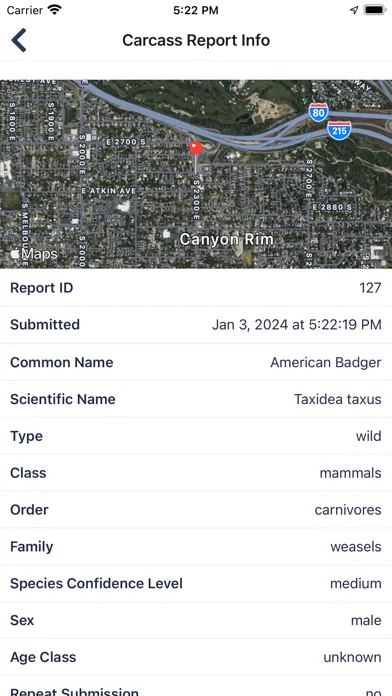 Ảnh chụp màn hình của Utah Roadkill Reporter