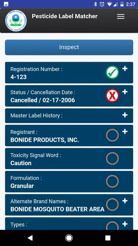 Screenshot di EPA's Pesticide Label Matcher