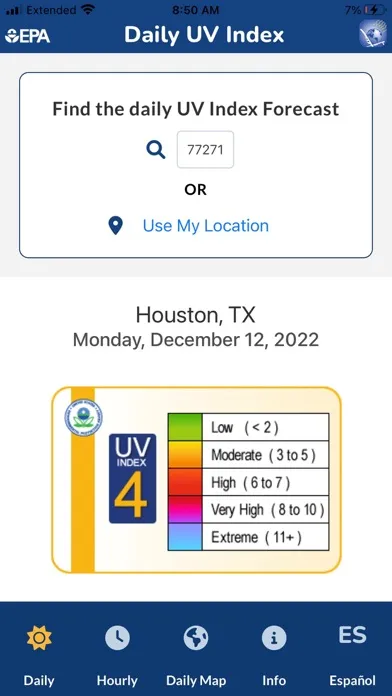 Capturas de tela do EPA's SunWise UV Index