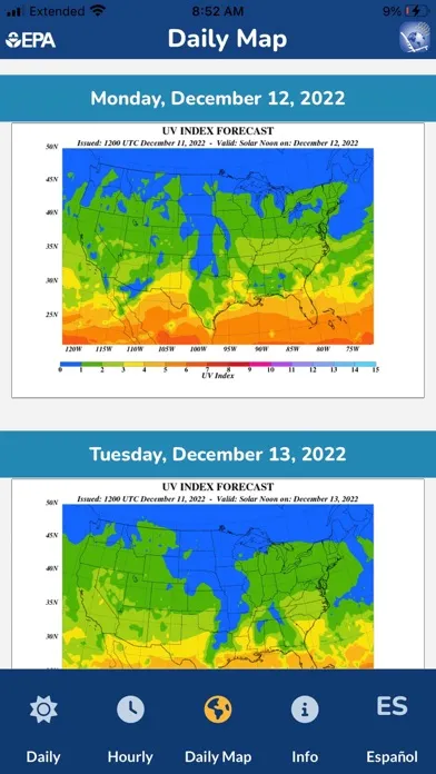 Capturas de tela do EPA's SunWise UV Index