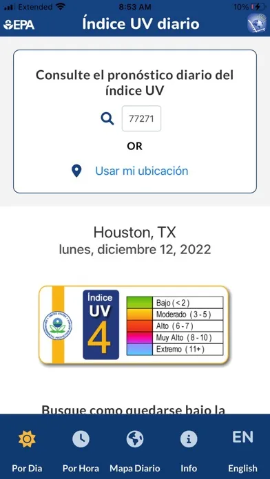 Capturas de tela do EPA's SunWise UV Index