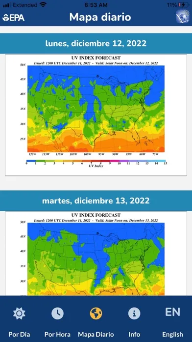 Capturas de tela do EPA's SunWise UV Index