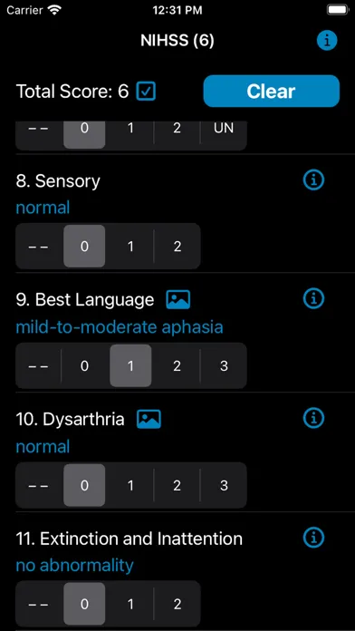 NIH Stroke Scale Calculator Screenshots