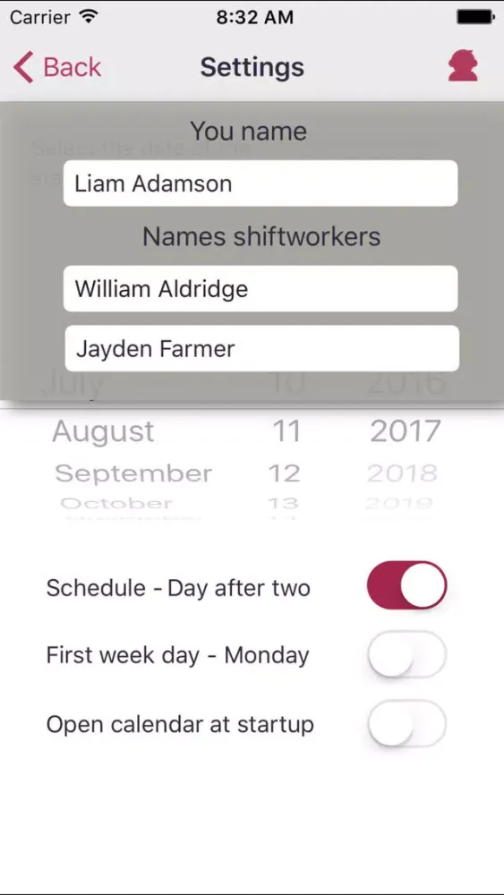 Ảnh chụp màn hình của Schedule work shifts