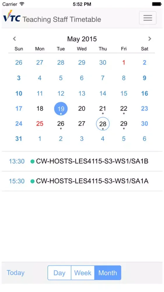 Tangkapan skrin VTC Teaching Staff Timetable