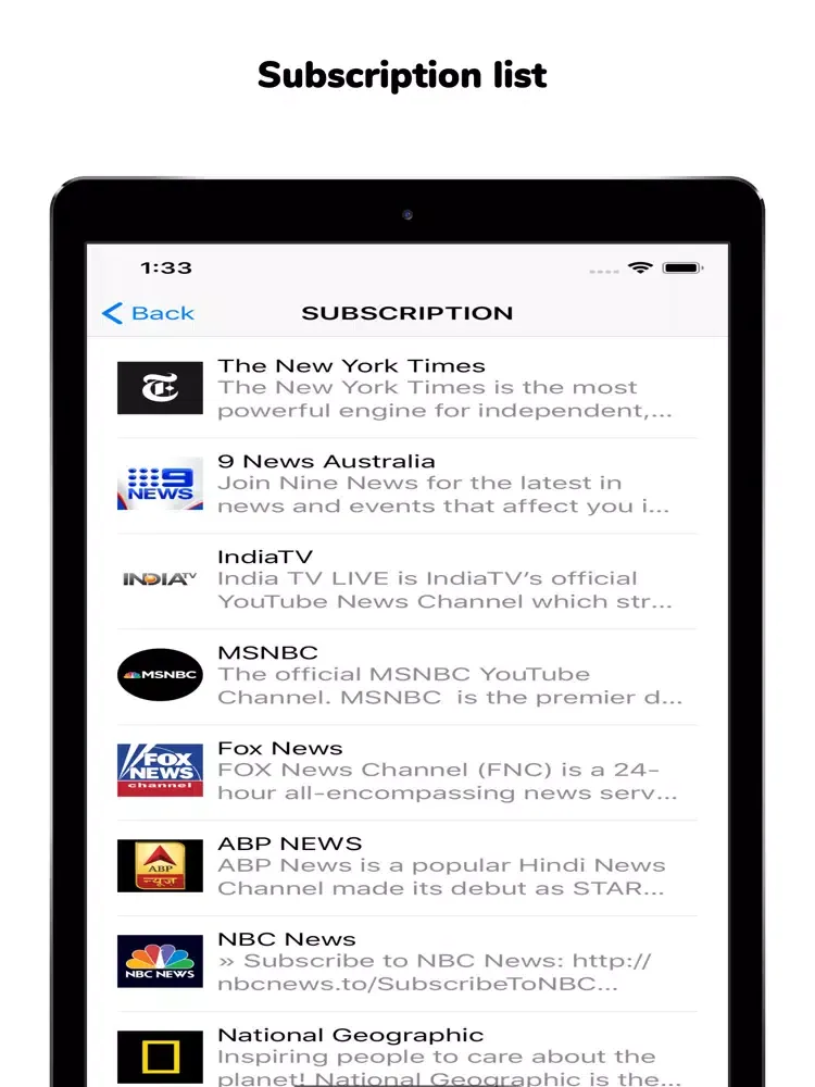 Tangkapan skrin YT Subscribe Manager iPad 