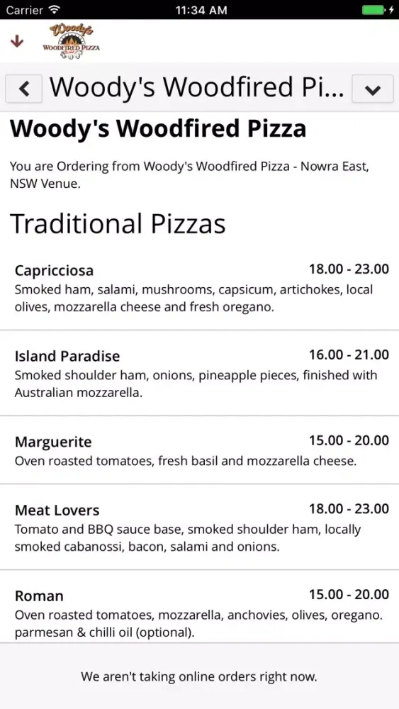 Tangkapan layar Woody's Woodfired Pizza