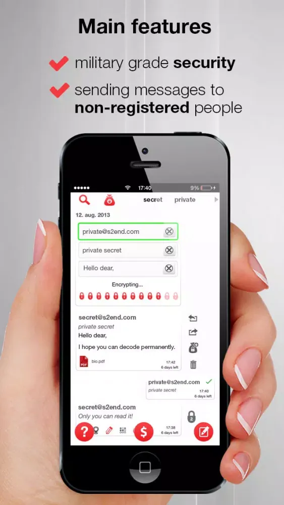 Tangkapan skrin S2end - The private messenger - Send Secure & protected messages, texts!