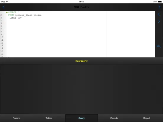 ภาพหน้าจอของ SQLBuddy iPad