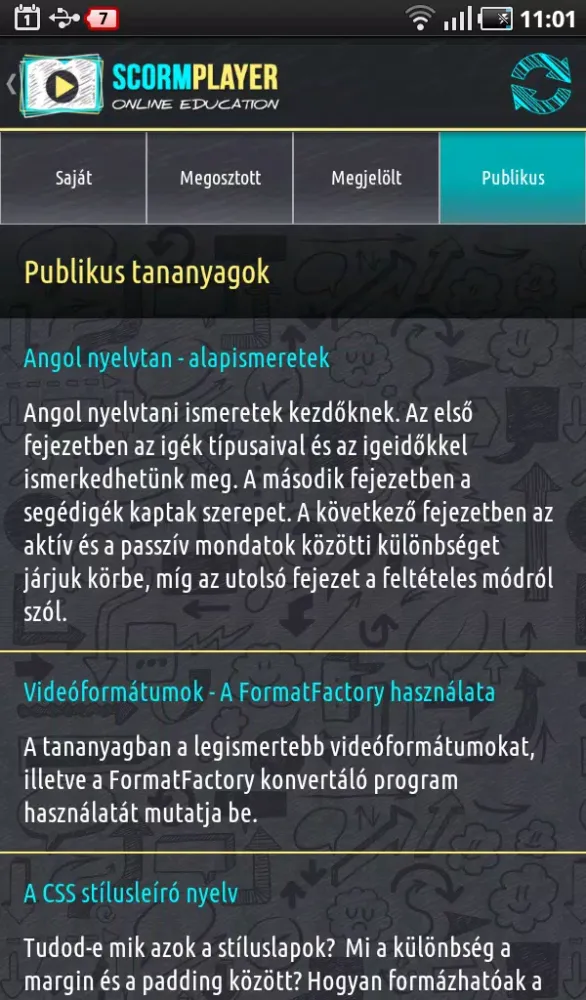 Capturas de tela do Scorm Player