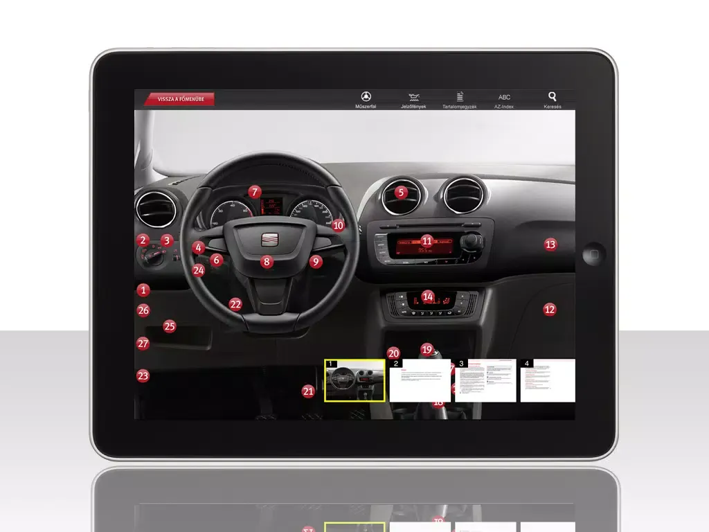 Zrzuty ekranu SEAT interaktív digitális kézikönyv iPad 