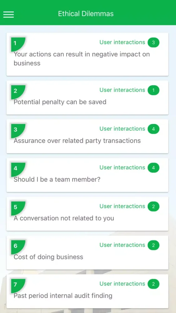 Capturas de tela do ICAP Ethics Dilemma