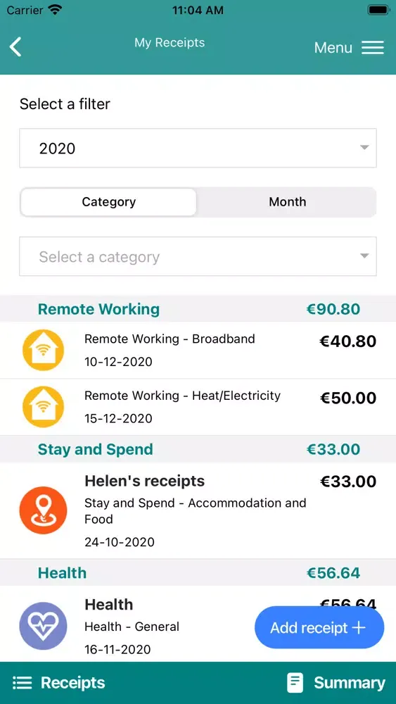 Zrzuty ekranu Revenue Receipts Tracker