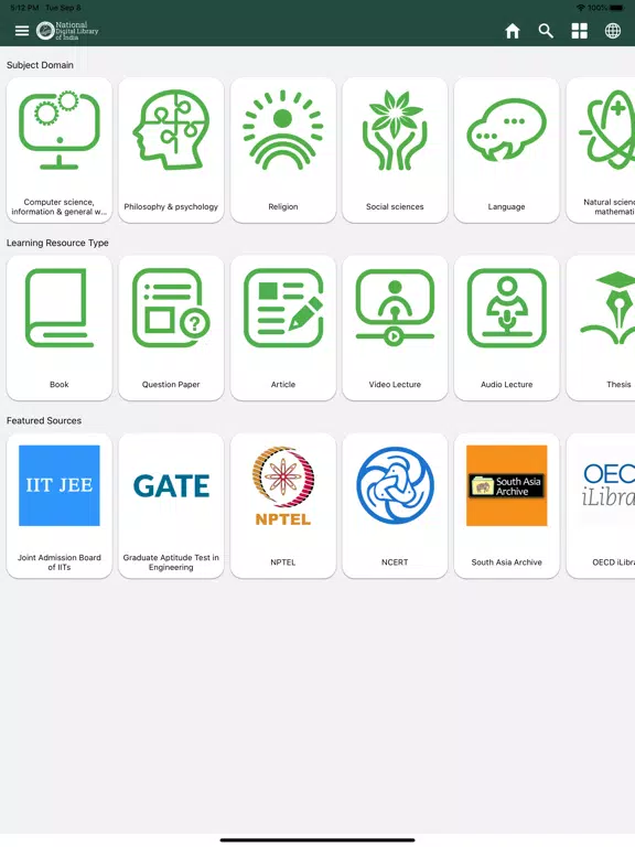 Ảnh chụp màn hình của National Digital Library India iPad 
