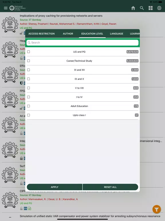 Ảnh chụp màn hình của National Digital Library India iPad 