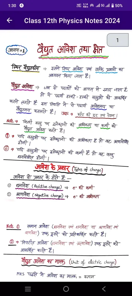 Captures d'écran de Class 12th Physics Notes 2024