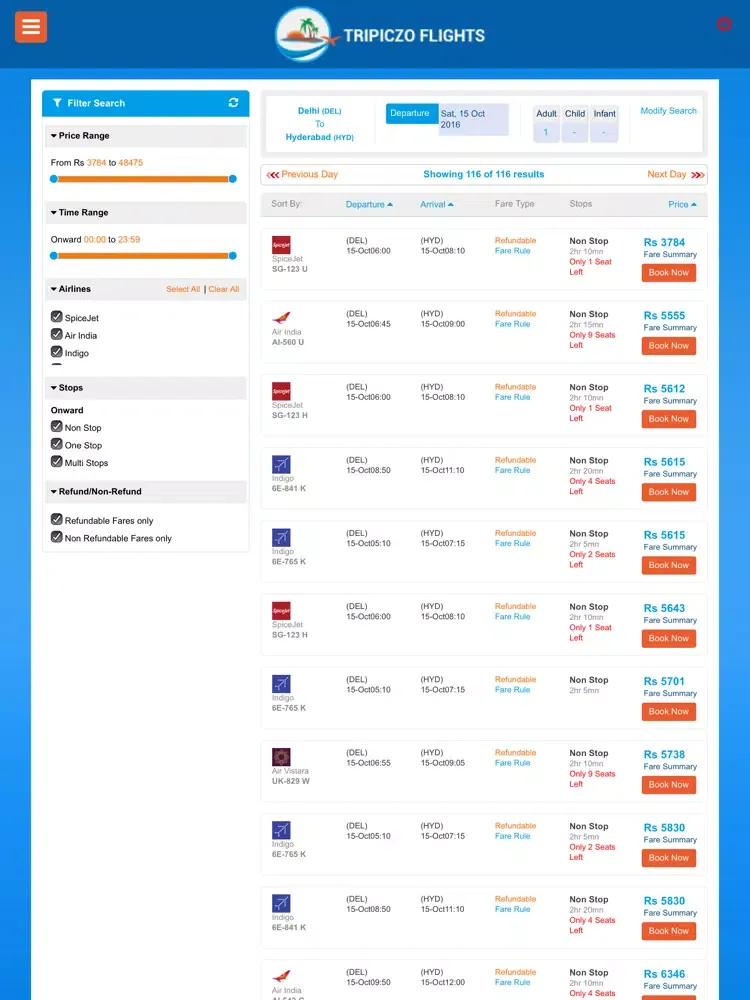 Tangkapan layar Tripiczo Flights iPad 