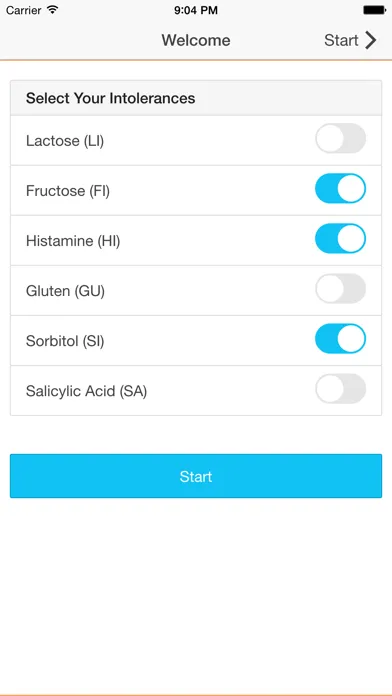 Zrzuty ekranu ALL i CAN EAT - the food intolerance list for lactose, fructose, histamine, gluten, sorbitol and salicylic acid