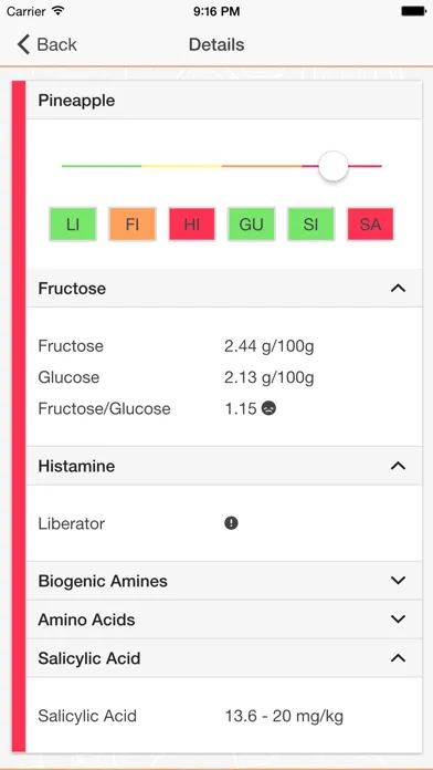Zrzuty ekranu ALL i CAN EAT - the food intolerance list for lactose, fructose, histamine, gluten, sorbitol and salicylic acid