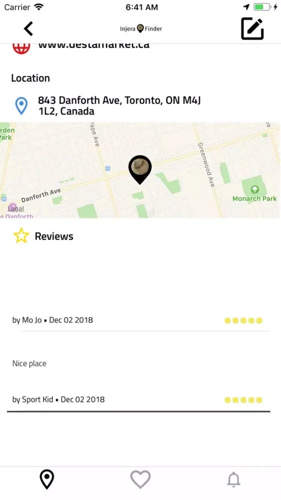 Tangkapan skrin Injera Finder
