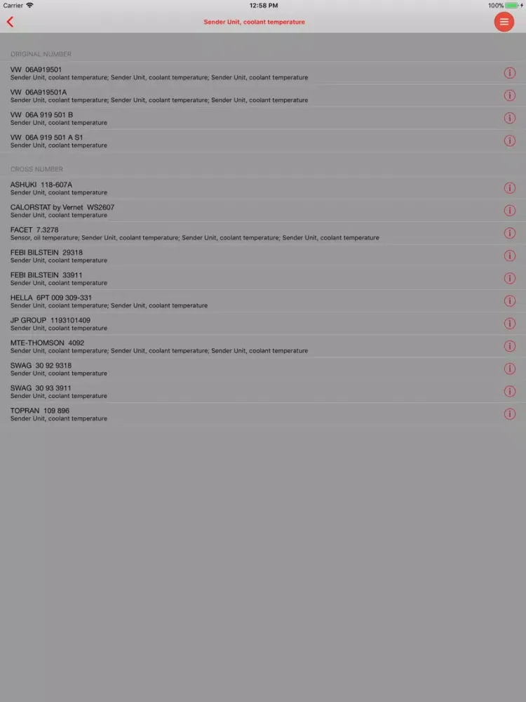 Ảnh chụp màn hình của Autoparts VW Touran iPad 