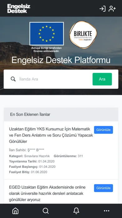 Tangkapan layar Engelsiz Destek
