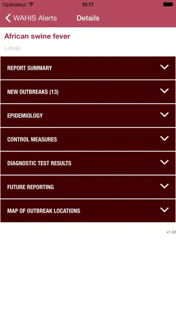 Capturas de tela do OIE WAHIS Alerts
