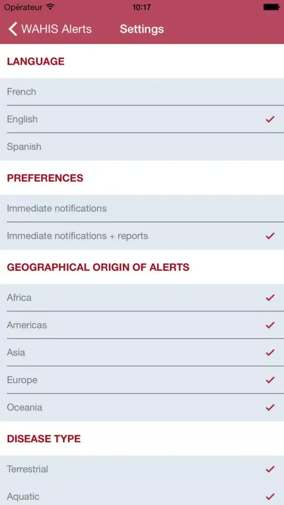 Capturas de tela do OIE WAHIS Alerts