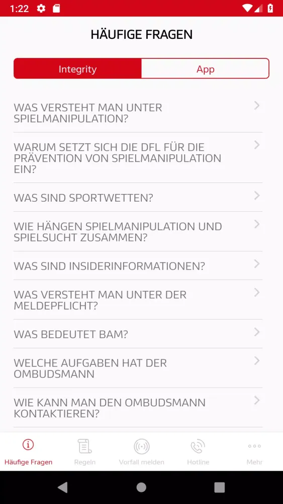 Capturas de tela do DFL Integrity App