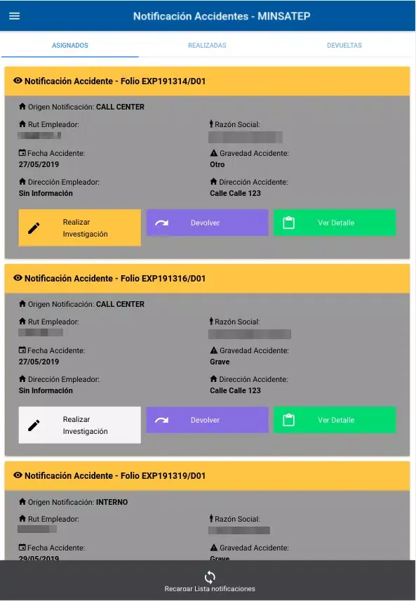 Investigación Accidentes Screenshots