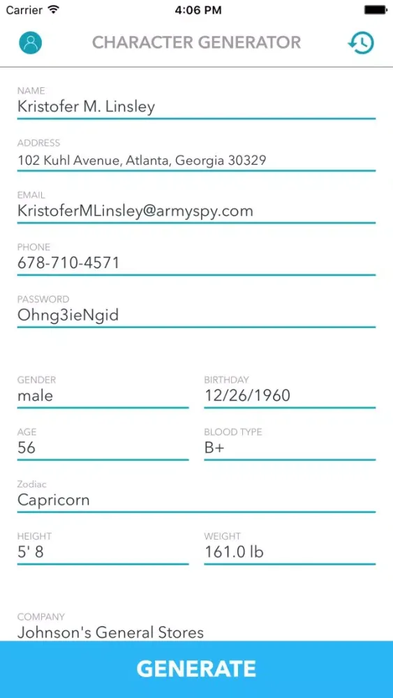 Ảnh chụp màn hình của Character Generator.