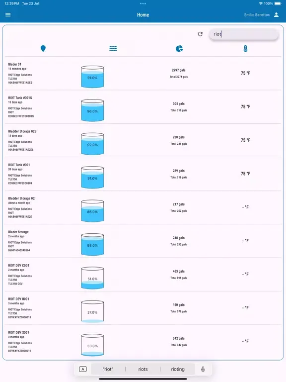 Tangkapan layar RIOT Wireless tank monitoring iPad 